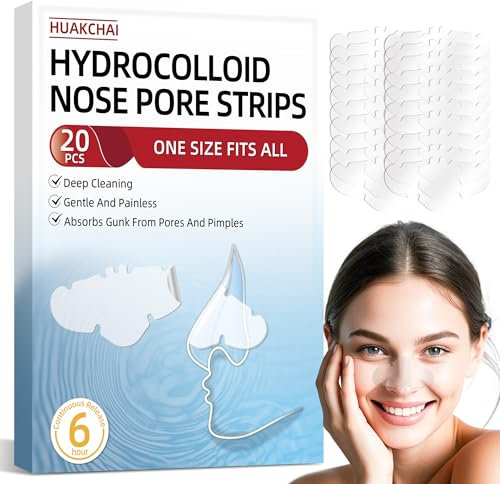 HuakChai Nose Strips - Deep Cleansing Blackhead Remover Nasal Strip, 20Pcs Hydrocolloid Pore Strip for Unclog and Shrink Pores, Absorbs Oil & Removal Acne, Nose Strips Blackhead for All Skin Types