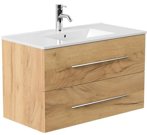 Lomadox Bad Badezimmer Gästebad Waschplatz Waschtisch Waschtisch 90 cm in Eiche Gold