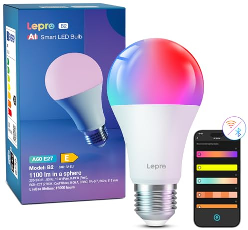 Lepro AI E27 Smart Bulb, 10W=75W 1100lm Dimmable LED Screw Bulbs, WiFi Bulb | RGB Colour Changing & Tunable White 2700K-5700K, App Control, Schedule & Timer, Works with Alexa & Google Home, No Remote