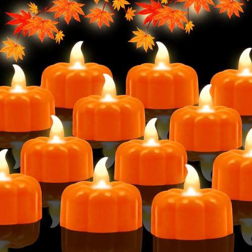 Pumpkin Tea Lights Fall Decorations for Home,12 Pack LED Orange Pumpkin Lights FlameLess Candles Battery Operated Thanksgiving Flickering Tealights Candles for Table Home Party Halloween Decor