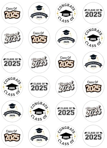 24 x Class of 2025 Party Pack Edible Cupcake Toppers – Wafer Card or Icing – Graduation Celebration Party Themed Decorations Perfect For Brownies Cookies Muffins & More! (Edible Wafer Card)
