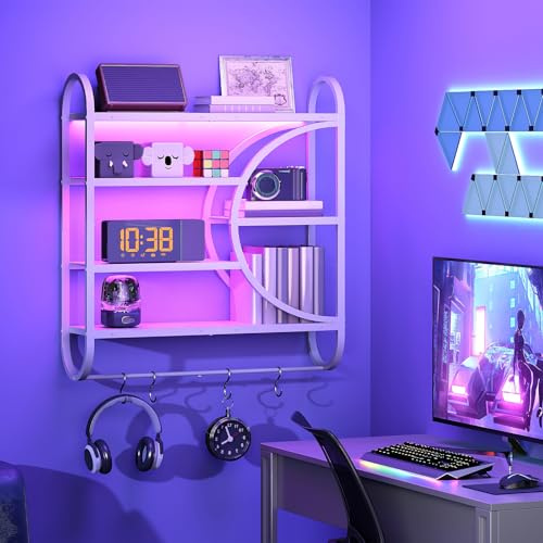 HOOBRO Gaming Floating Shelves with LED Lights, 28.9 LED Wall Mounted Shelf, 5-Tier Display Rack for Wall Storage, Floating Rack with Hanging Rod and 4 S-Hooks, for Game Room, White WT50DBJ01
