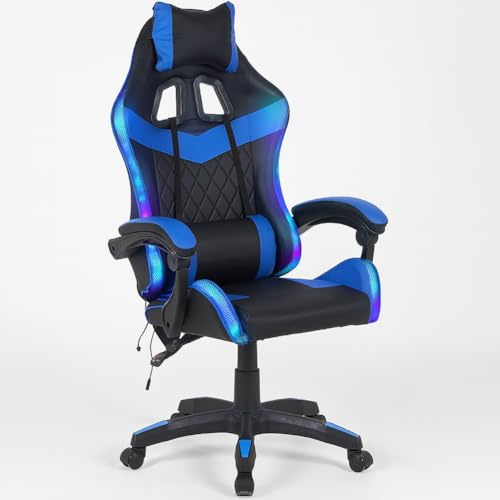 Shally Dogan Sedia Gaming da Scrivania con Striscia LED RGB Multicolore, Rivestimento in Ecopelle, Schienale Reclinabile, Altezza Regolabile da 106 a 116 cm, Poltrona da Ufficio, Cameretta (Blu)