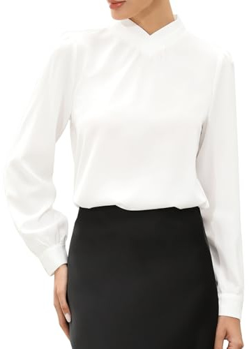 Allegra K Work Tops for Women Business Casual Shirt Pleat Mock Neck Puff Long Sleeve Office Blouse Small Wjote White