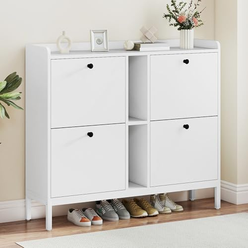 TAUS Shoe Cabinet with 4 Flip Drawers, Shoe Storage Cabinet with Adjustable Shelves & Open Shelves for 16 Pairs of Shoes, Hallway Storage Unit with 108CM Roomy Countertop (White)