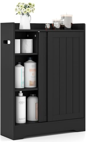 GIANTEX Badezimmerschrank, Aufbewahrungsschrank mit 2 Schiebetüren & verstellbaren Ablagen, Badschrank mit Toilettenpapierhaltern & Bürstenfach, 60 x 20 x 80 cm (Schwarz)