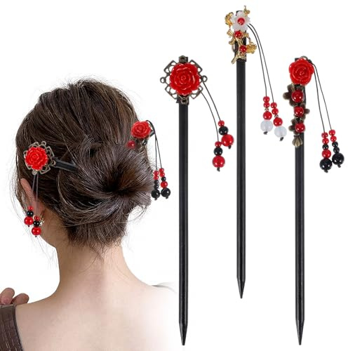 3Pcs Chinese Hair Sticks, Wooden Japanese Hair Chopsticks for Women, Asian Retro Flower Tassel Updo Hairpin Chopsticks, Handmade Classic Geisha Hairs Accessories for Long Hairs (Black Red)