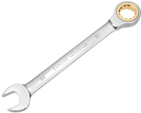 sourcing map Llave combinada de trinquete de 30 mm métrica de 12 puntos CR-V de acero cromado, doble caja, llaves de trinquete de extremo abierto con 72 dientes y herramienta de llave de engranaje