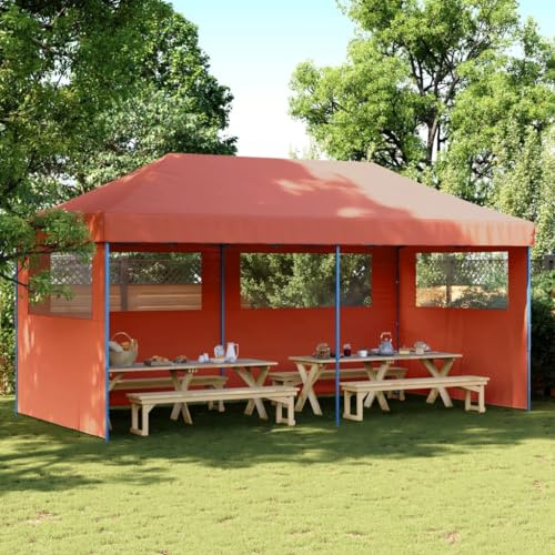 Tente de Réception Pliante, 3 Panneaux Latéraux avec Fenêtres, Toit Oxford PVC et Structure Acier, Chapiteau de Jardin Exterieur pour Mariages, Fêtes, Camping,Terre Cuite et Bleu, 580 x 292 x 315 cm