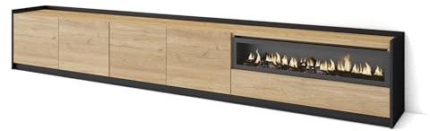 Skraut Home | Mueble TV | Televisión | Muebles de salón, almacenaje | 310x50x37 cm | para TV hasta 80 | Chimenea eléctrica | Estilo Moderno | Roble y Negro