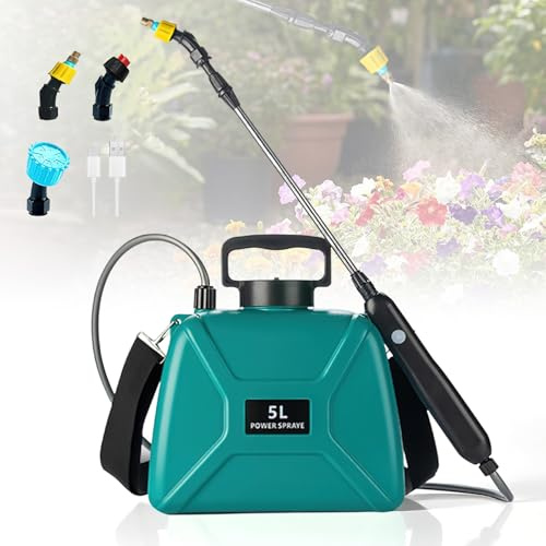 Drucksprüher 5 Liter, Elektrischer Gartenspritze Drucksprüher mit 2200mah Wiederaufladbarem Teleskopstab, 3 Sprühdüsen,5 Sprühmodi, Sprühgerät für Pflanzenschutz & Gartenpflege (Green)
