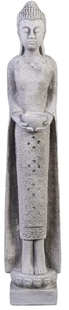 gartendekoparadies.de Schlanke Massive Steinfigur Thailändische Mönch Buddha Statue aus Steinguss Frostsicher, Höhe 68 cm, Gewicht 8 kg, Grau