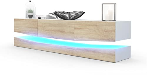 Vladon Lowboard City, Made in Germany, TV-Kommode mit Sockelelement, 1 offenem Fach und 3 Schubkästen, Weiß matt/Eiche Sägegrau, inkl. LED-Beleuchtung (178 x variabel x 39 cm)