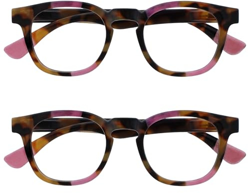 OPULIZE Ava Lunettes de Lecture Pack de 2 Avec Monture Arrondi Flatteur Charnières à Ressort Anti-Rayures Écailles de Marron Touche de Rose Hommes Femmes RR62-4 +3.00