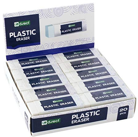 D.RECT Radiergummi, Radierer, HI-POLYMER Plastic Eraser | Groß x 20 Stück | Weiß 56 x 23 x 12 mm