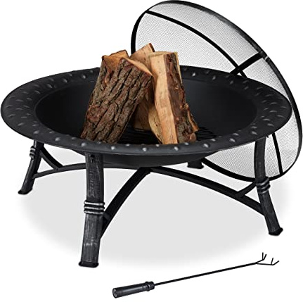 Relaxdays Feuerschale mit Funkenschutz, Garten & Terrasse, mit Schürhaken, Outdoor Feuerstelle, HxD: 52 x 90 cm, schwarz