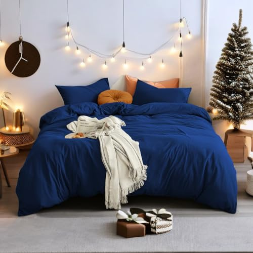 MOHAP Warm Bedding Double Duvet Cover Set Plain Brushed Microfiber Bedding 1 Duvet Cover with 2 Zippers and 2 Pillowcases Navy