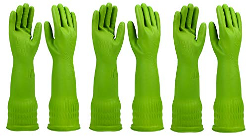 YSLON Rubber Dishwashing Glove Kitchen Cleaning Gloves 3-Pairs,Waterproof Reuseable.(Green,Small)