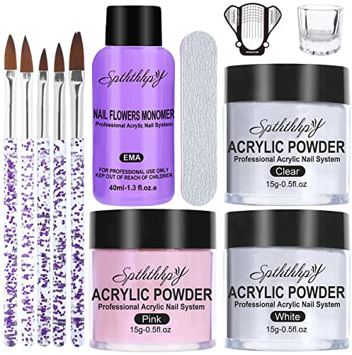 SPTHTHHPY Kit Vernis à Ongles Complet, 3Pcs Poudre Acrylique pour Ongles et 40ML Professionnel Liquide Acrylique + accessoires, Convient Aux Débutants et Aux Professionnels