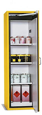 Gefahrstoffschrank aus Stahl, 596 mm x 1968 mm x 616 mm, gelb, feuerbeständig, 90 min Brandschutz, hochwertige Materialien, Türanschlag rechts
