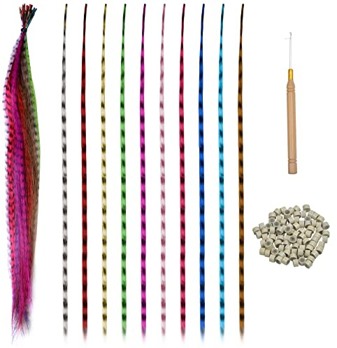AvoDovA 30 Pz Extensiones de Pelo Plumas, 40 cm Extensiones Plumas de Cabello con Cuentas y Gancho, Extensiones Colores para Trenzas, Extensión Pelo Mechones, Pelo Pluma Sintético Colores para Niña