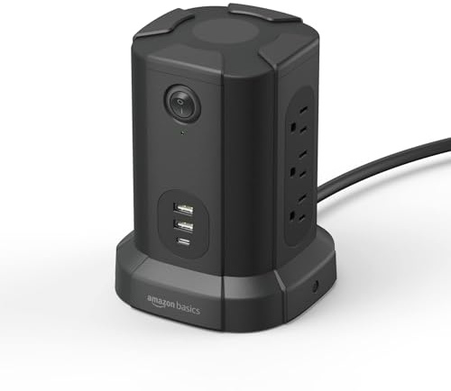 Amazon Basics Power Strip Tower Charging Station, Surge Protector 1080J, 9 Outlet with Integrated USB Charging Ports (2 USB-A and 1 USB-C), Space Saving, 15A, 6ft Cord, Black