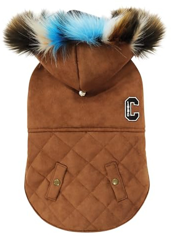Croci Hundejacke mit Shearling-Kapuze, Rückengröße 45 cm, gefüttert und verstellbar, mit Gummizug und Loch für Leine und Geschirr, braune Farbe