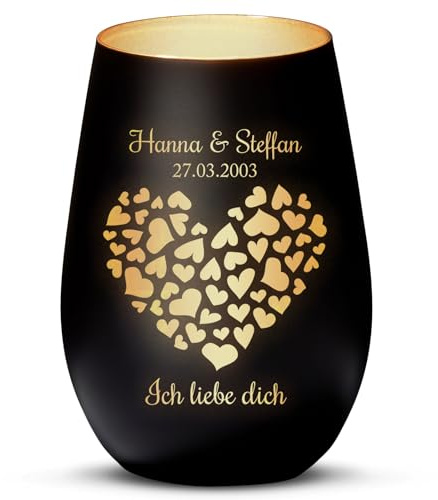 Love Faith personalisiertes Windlicht - Valentinsherz - Schwarz/Gold | Stimmungsvolles Teelichtglas - Graviere Namen & Datum - Romantisches Geschenk zur Hochzeit für Brautpaare