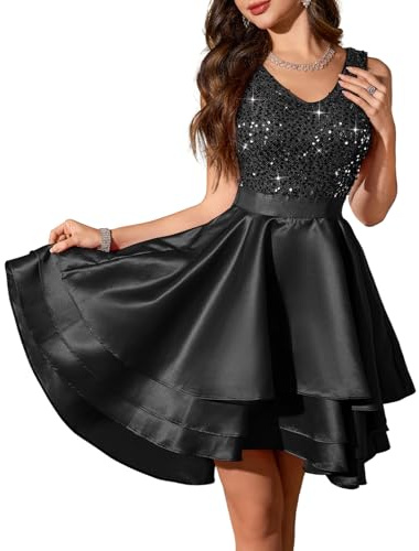 Meetjen Women's Hi Low Prom Party Dress Short Formal Cocktail V Neck Elegant Glitter Satin Sleeveless Wedding Guest Dresses Black S