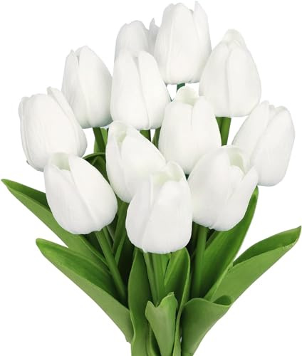 N&T NIETING Tulipani Artificiali, 12 Pezzi Fiori Finti Tulipani PU Tocco Reale Lattice, Fiori Finti Bianchi Tulipani per Bouquet Matrimonio Festa Casa Camera Ufficio Decorazione, Bianco