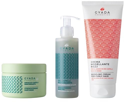 GYADA COSMETICS, Locken-Modelliercreme, 200 ml, stärkende Haarpackung mit Spirulina 250 ml, stärkendes Haargel mit Spirulina und Aloe 150 ml, komplettes Haarpflege-Set