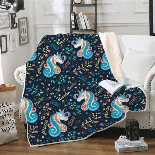 XPINGO Einhorn Kuscheldecke Sherpa Decke 150x200 cm Mikrofaser Super Weich und Warme Winter Blanket 3D Sterne Einhörner Wohndecke Kinder Fleecedecke Flauschige Sofadecke für Sofaüberwurf Tagesdecke