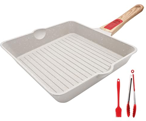 AIKENBBKK Poêle à griller 24x 24 cm avec poignée amovible, Poêle à steak en aluminium avec revêtement anti-adhésif, lavable au lave-vaisselle et résistant au four (blanc)