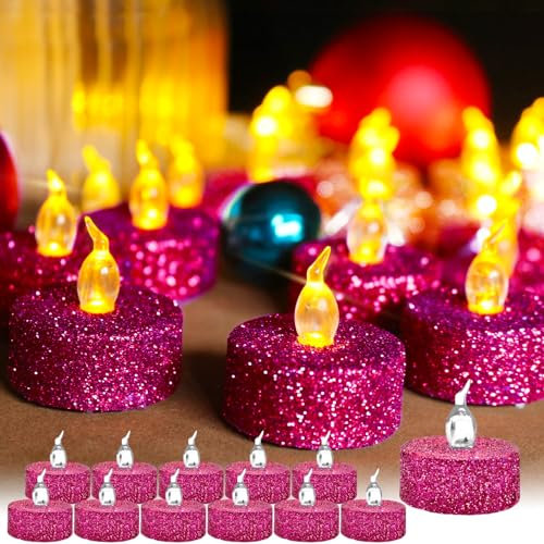 TINYOUTH 12 Stück LED Teelichter Flackernde, Deko Tisch LED Kerzen Elektrische Teelichter, Batterien Enthalten für Hochzeitsfeier Jubiläum Verlobung Dekoration, Rosa Rot Glitzernd
