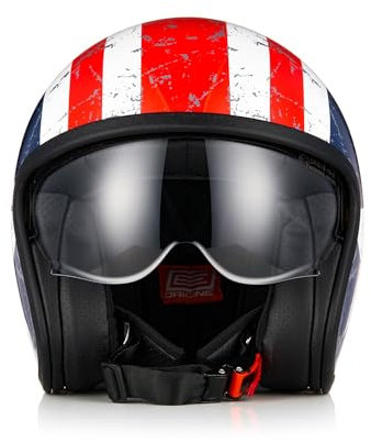 ORIGINE Jet-Motorradhelm mit Schutzbrille, ECE 22-06-Zulassung (Rebel Star Matt Blue Red, M)