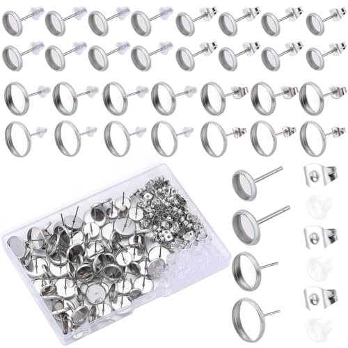 SOFPLATE 1 Box Mit 80 Ohrstecker Rohlinge Mit Lünette Cabochon Edelstahl 6/8/10/12mm Silberne Ohrstecker Mit Ohrmutter Runde Ohrring Für Schmuckherstellung Zubehör DIY Handwerk