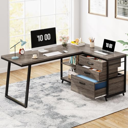 Tribesigns L-förmiger Schreibtisch mit 3 Schubladen, wendbarer Eckschreibtisch für Heimbüro, Computertisch mit Regalen, 134 cm, Industrie-PC-Schreibtisch, Arbeitszimmer, Arbeitsplatz, Grau