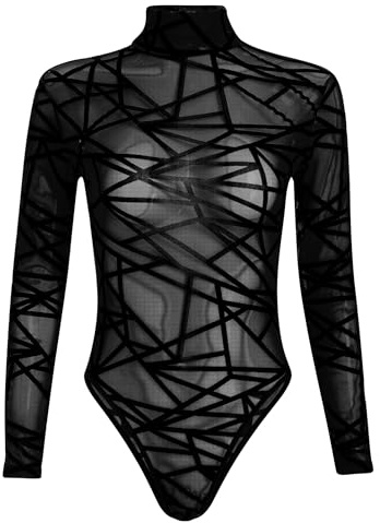 Odizli Mesh Oberteil Damen Sexy Elegant Rollkragen Langarm Durchsichtiges Transparentes Spitze Netz Body Spitzenbody Netzoberteil Netzshirt Frauen Festival Party Rave Techno Outfit Schwarz Schwarz M