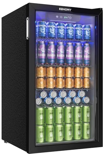EUHOMY 93L Drinks Fridge, 126 Can Beer Fridge with Glass Door, Wine fridge with Adjustable Shelves for Soda Beer or Wine, Home/Bar/Office, Black, Steel, One-Touch Control [Energy Class F]