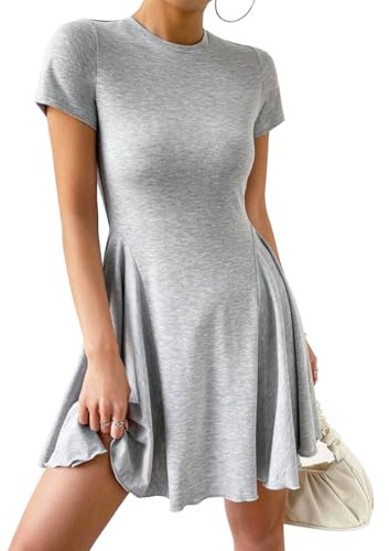 EIRUKON Vestiti Donna Estivi Bodycon Elegante Vestito Corto Manica Corta Abiti Miniabito Vita Alta Linea A Moda Abito a Pieghe,Grigio,XL