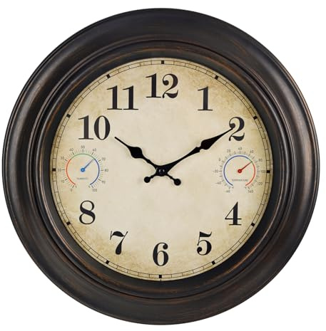 Alarllok Große Outdoor-Uhr, wasserdicht, mit Thermometer und Hygrometer, 45,7 cm, Retro-Bronze, für Innen- und Außenbereich, Wanduhren für Terrasse, Pool, Garten, Bauernhaus, Dekoration, leise
