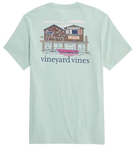 vineyard vines Men's Dockside Lobster Shack Short-Sleeve Pocket Tee, Aqua Haze, Large