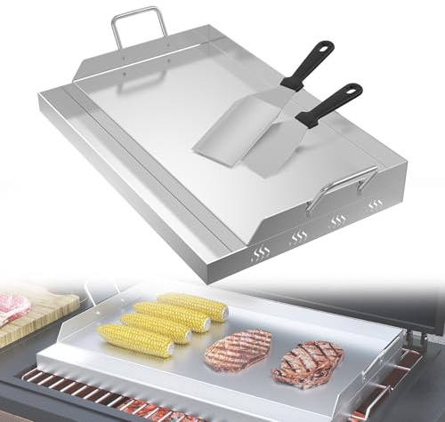 YRHome Plancha Plaque de cuisson en acier inoxydable pour gaz et charbon de bois, 47 x 32 x 7 cm, avec spatule et grattoir pour barbecue, résistante à la chaleur, universelle, pour barbecue, steak