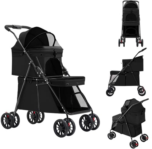 Passeggino a doppio strato, per cani, gatti, animali, viaggi, passeggino, pieghevole, cane, gatto, a quattro ruote, carrello, carrozzina, passeggino, passeggino, Buggy-67 x 50 x 95 cm, nero
