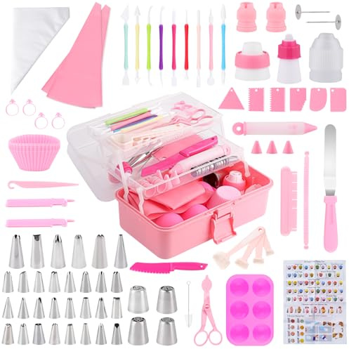 Cake Decorating Kit: Decorating Supplies Tools Kit 138 PCS Baking Accessories Include Spiping Bags and Tips Set, Piping Tips Set, Spatulas, Cake Scraper, 50 Piping Bags for Beginners, Pink