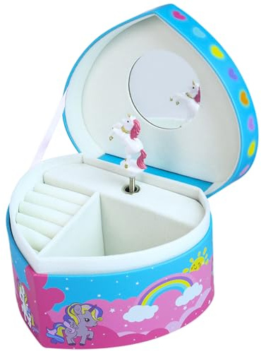 Joyero para niña con caja de música, joyero único para niñas en forma de corazón, con caja de música integrada, pony giratorio y espejo, ideal como regalo para niñas de 3, 4, 5, 6, 7 años