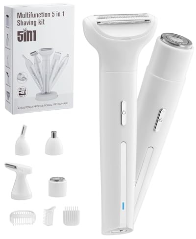 Electric Lady Shavers for Women,5-in-1 Bikini Trimmer and Facial Hair Remover for Women Waterproof,Wet & Dry Rechargeable Nose Hair Trimmer,for Face Legs Underarm Nose and Eyebrow -White