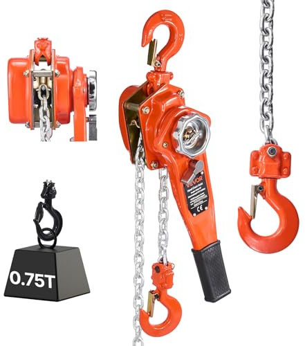 VEVOR Mini Polipasto de Cadena Manual de Palanca, 0,75 T, Elevación de 6 m, con freno mecánico de doble trinquete, ganchos giratorios 360°, para almacén, construcción y garaje, 460 x 115 x 155 mm