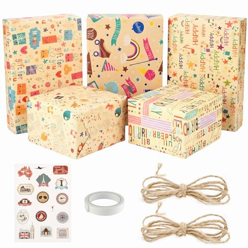 Culinavog Presentpapper Födelsedag, Presentpapper Kraft 5 ark Återvunnit, Brun Vikta Färgglada Förpackningar, Vintage Böjd Klistermärke Hampa Rep Dubbelhäftande tejp för Män Kvinnor Barn