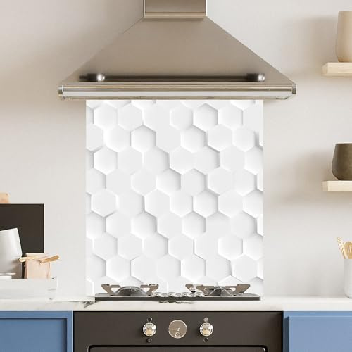 Premium 60 x 70cm White Hexagon 6mm Glass Toughened Kitchen Splashback